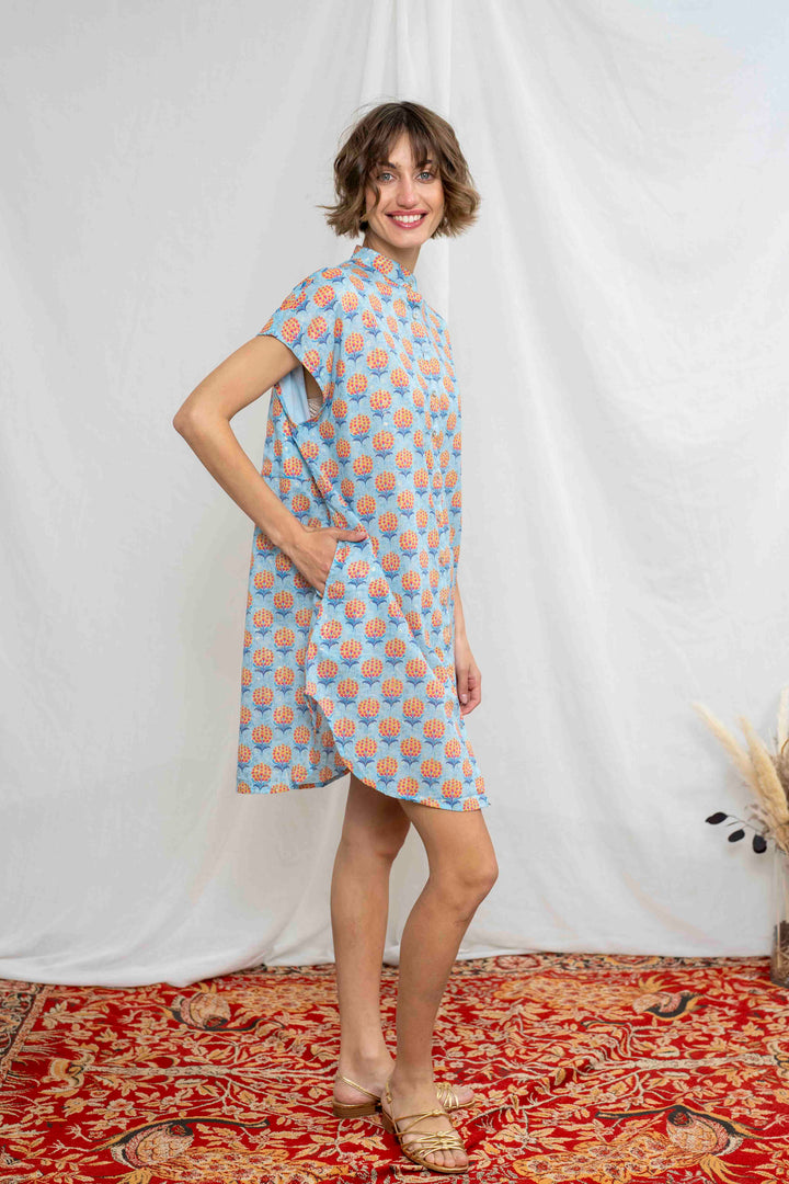 טוניקת מיני אוברסייז פרחים כתומים זהב