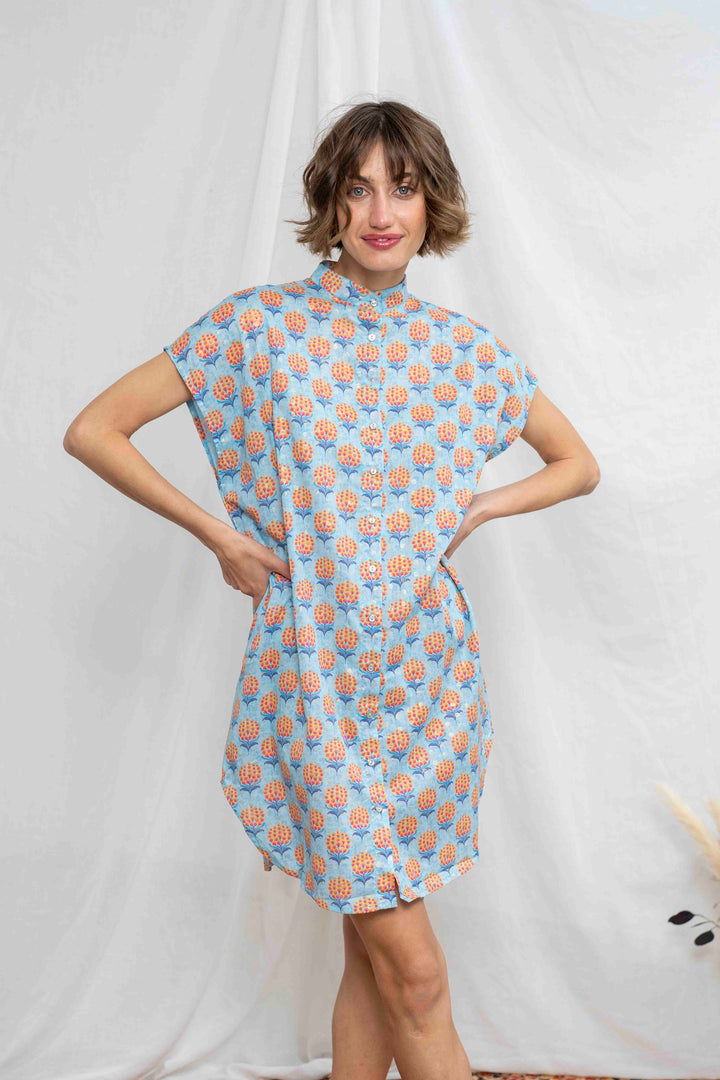 טוניקת מיני אוברסייז פרחים כתומים זהב