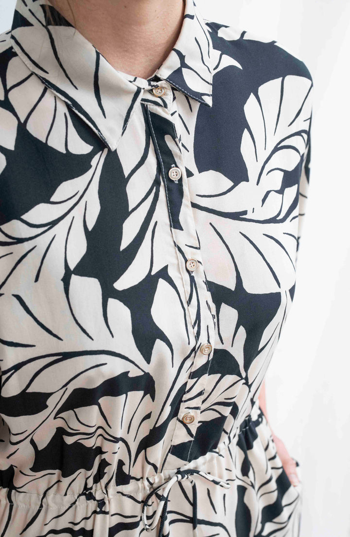 שמלת קיוטו עלים שחור לבן