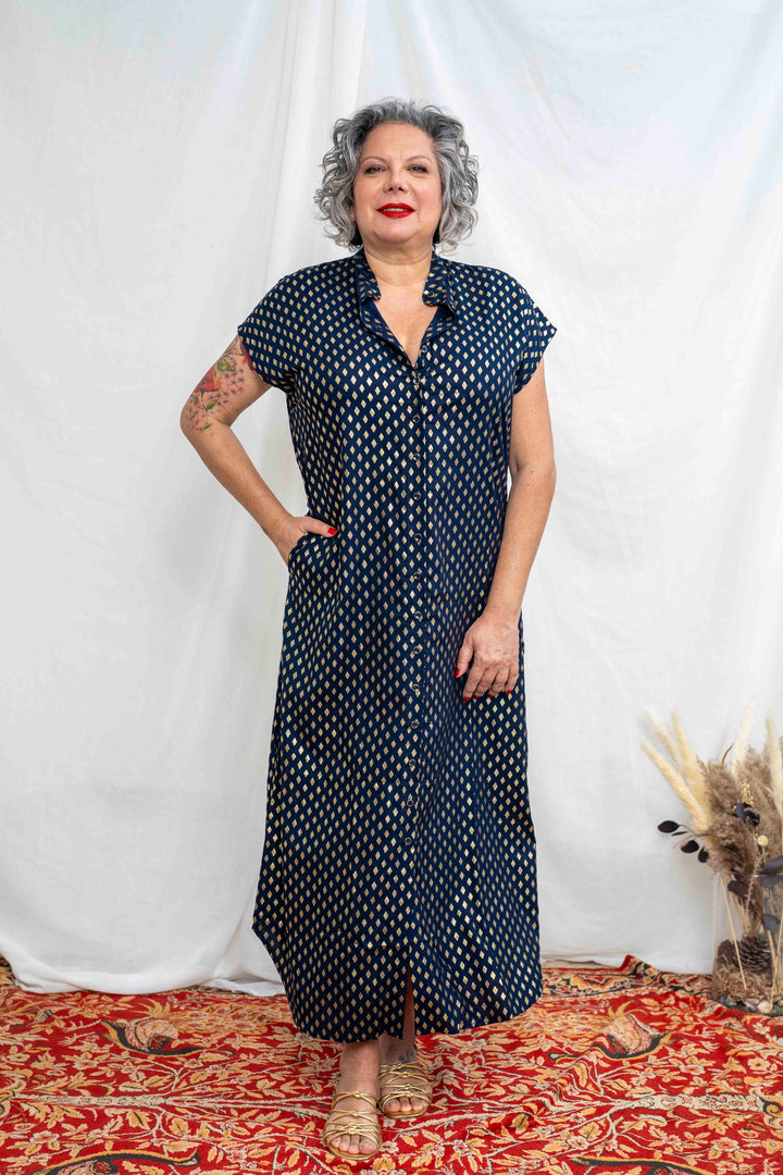 שמלת מקסי אוברסייז יהלומים כחול