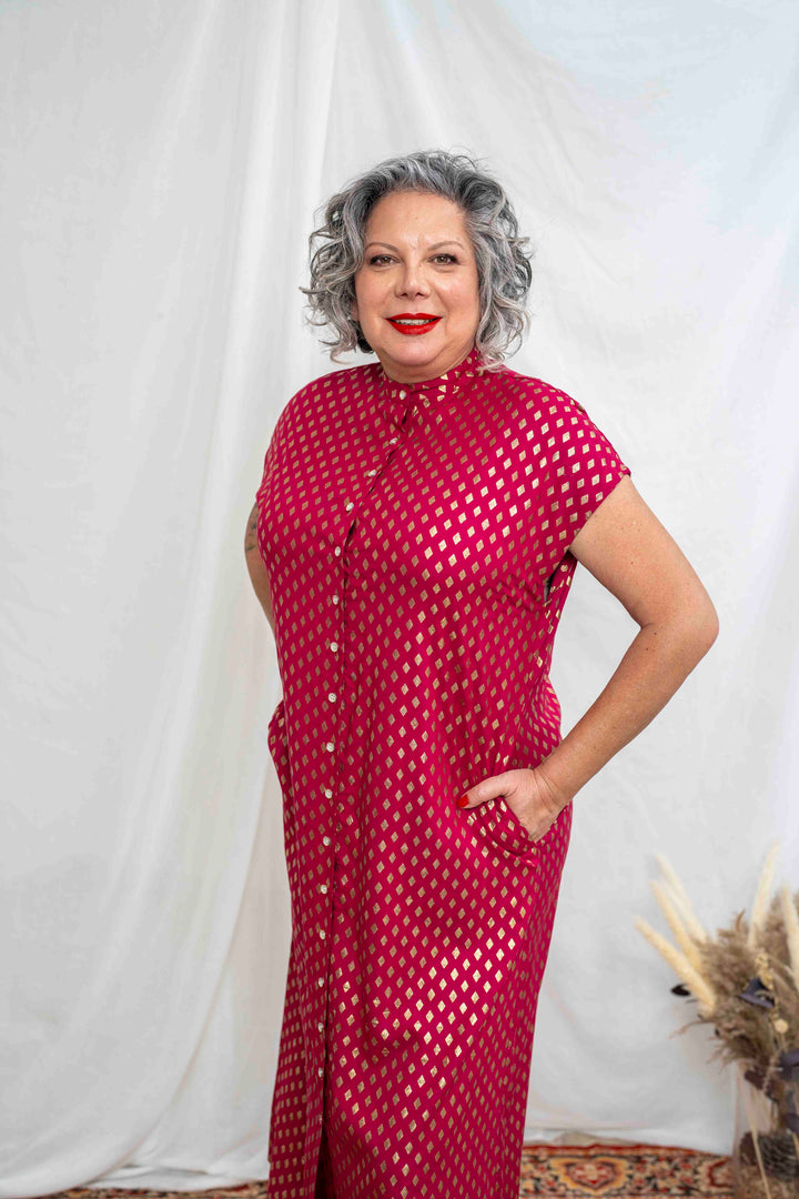 שמלת מקסי אוברסייז יהלומים ורוד