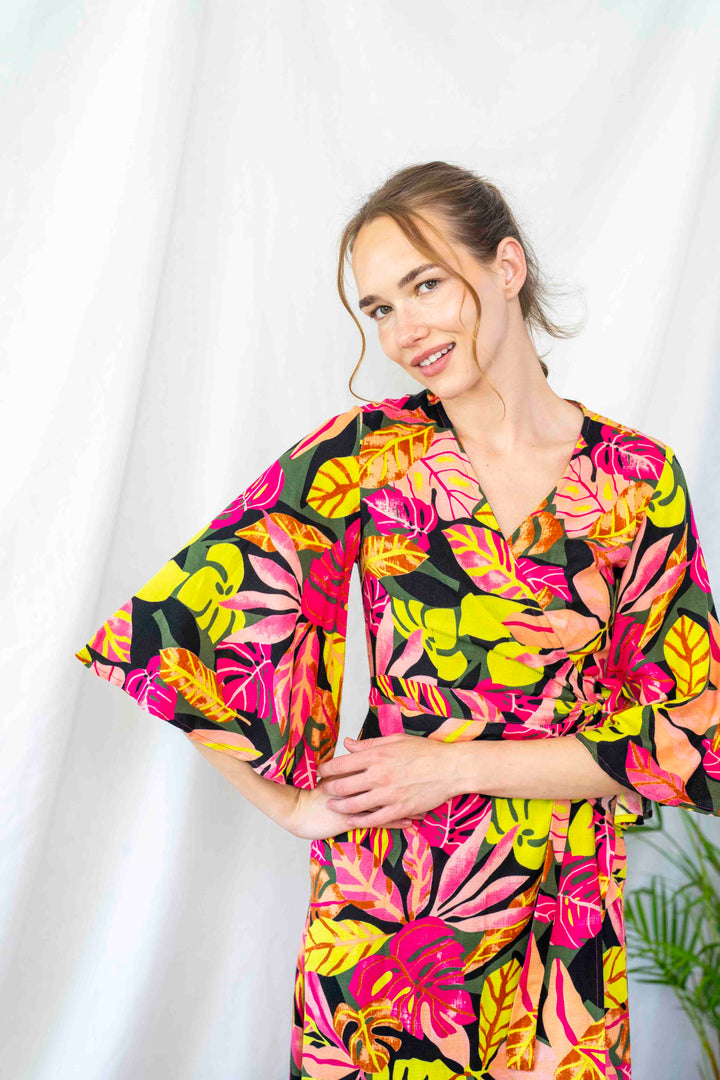 שמלת קימונו מקסי ארץ טרופית יפה